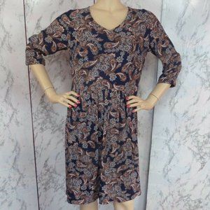 "GARNET HILL" BLUE PAISLEY PRINT 3/4 SLEEVES CASUAL BOHO SHIFT DRESS SIZE: 8 EUC